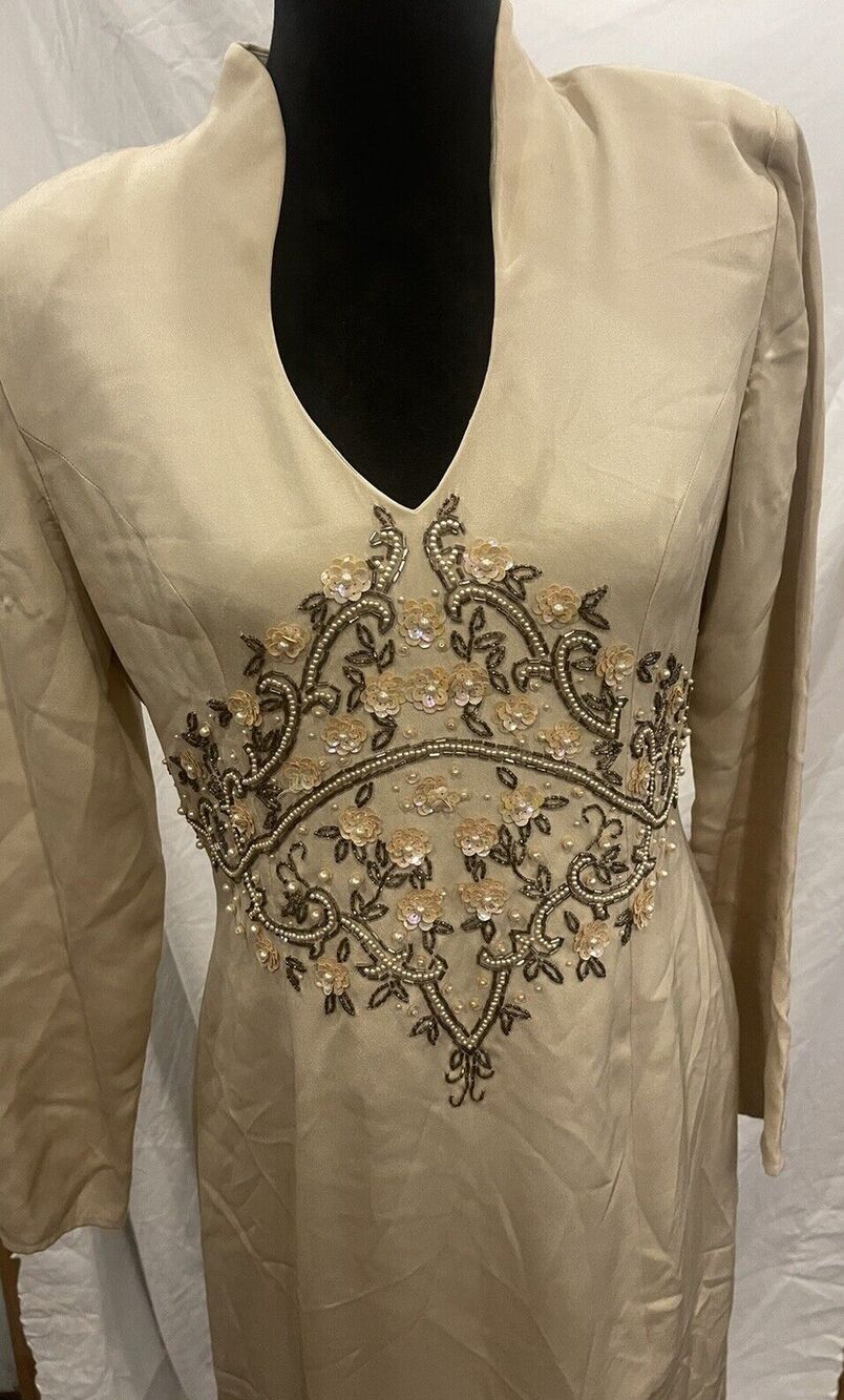 Vintage Niteline Della Roufogali Gold Sequined Beaded 100% Silk Evening Gown 10